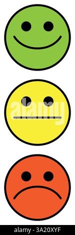 ensemble d'icônes d'émoticône, trois emoji - heureux, triste et neutre, symbole de visage souriant, illustration vectorielle de couleur Illustration de Vecteur