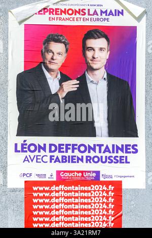 9 juin 2024 affiche électorale du Parlement européen pour le candidat français Léon Deffontaines et le parti communiste français. Banque D'Images