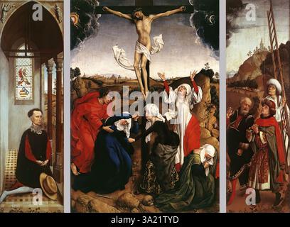 WEYDEN, Rogier van der (né en 1400, Tournai, décédé en 1464, Bruxelles) Abegg Triptyque c. 1445 huile sur panneau de chêne, 102 x 70,5 cm (central), 103 x 31 cm (chaque aile) Abegg-Stiftung, Riggisberg près de Berne le Triptyque Abegg a été peint pour un gentleman italien, un membre non identifié de la famille Villa originaire de Chieri dans le Piémont, qui était actif dans le secteur bancaire aux pays-Bas. Leurs armoiries apparaissent dans la fenêtre vitrée de l'aile gauche. Le tableau est généralement considéré comme une œuvre tardive par l'un des successeurs de Rogier, peut-être pas peint avant les années 1460, bien que certaines figures de la Crucifixion Banque D'Images