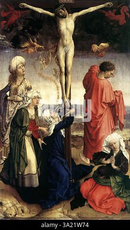 WEYDEN, Rogier van der (né en 1400, Tournai, décédé en 1464, Bruxelles) Crucifixion 1440s huile sur panneau de chêne, 77 x 47 cm Staatliche Museen, Berlin comme dans le Triptyque Crucifixion (Kunsthistorisches Museum, Vienne), la Vierge Marie embrasse ici le montant de la Croix, cette fois encore plus émotionnellement. Le paysage est une surpeinture ultérieure. À l'origine, il y avait un fond plat doré ici, commençant immédiatement derrière Saint Jean, avec une auréole multicolore autour du Christ, ses couleurs reflétées dans les anges. Le Christ crucifié est d'un type plus ancien et allongé, comme on le voit encore dans le Pietà du M. Banque D'Images