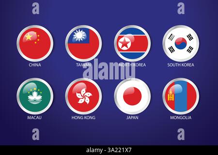 Les drapeaux de pays d'Asie de l'est entourent les badges Illustration de Vecteur