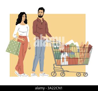 Jeune couple avec chariot d'épicerie dans un supermarché Illustration de Vecteur