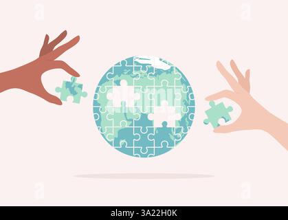 Mains de personnes de différentes nationalités et tons de peau mettant ensemble des pièces manquantes de puzzle dans le globe terrestre. Illustration vectorielle plate Illustration de Vecteur