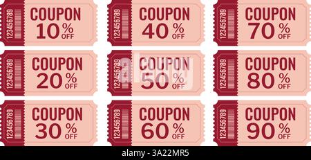 Ensemble de coupons de réduction avec différents montants de réduction. Illustration de Vecteur