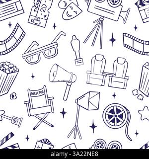 Modèle sans couture Doodle Cinema. Symboles de film dessinés à la main, lunettes 3D, bande de film, appareil photo et masques. Impression décorative pour site web, tissu, néotérique Illustration de Vecteur