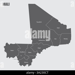 La carte administrative du Mali avec des étiquettes Illustration de Vecteur
