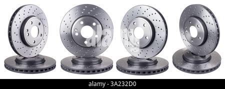 Ensemble collection de disques de frein de voiture haute performance isolés sur fond blanc. concept de réglage et de service de pièces de rechange de carpe automobile Banque D'Images