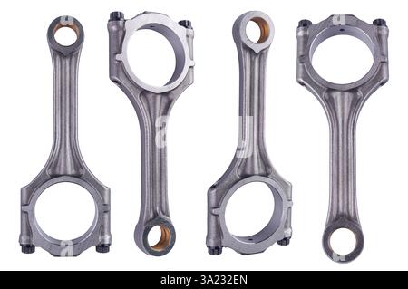 st collection de quatre pistons ou bielles de liaison en métal isolé sur fond blanc. concept de service de réparation de moteur de voiture ou de pièce de rechange de moteur. Banque D'Images