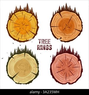 Tronc d'arbre rond coupé avec des arbres, de la forêt et des oiseaux. Tranches de pin scié ou de chêne, bois d'œuvre. Scier bois coupé, bois. Texture en bois brun avec anneaux d'arbre. Main Illustration de Vecteur