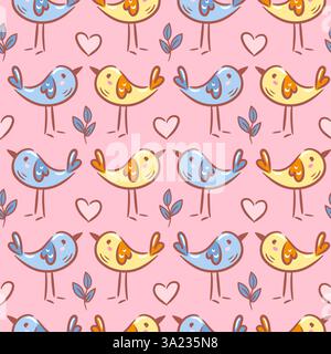 Ce motif sans couture présente des oiseaux adorables, des coeurs et des branches rendus dans un style de croquis charmant. Le design ludique ajoute une touche fantaisiste, pe Illustration de Vecteur