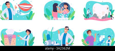 Soins dentaires. Les médecins dentaires consultent les patients pour les soins buccaux illustrations conceptuelles à plat vectorielles exactes Illustration de Vecteur