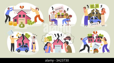 Division de biens. Couple de famille malheureux divisant l'argent de la maison de soi et la propriété différente images de concept de vecteur récent cour d'accord Illustration de Vecteur
