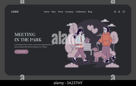 Premier concept d'amour. Jeune couple se rencontre dans un parc, reflétant un moment de connexion et de romance naissante. La scène comprend un chien amical, évoquant chaleur et joie dans un cadre naturel. Illustration vectorielle. Illustration de Vecteur