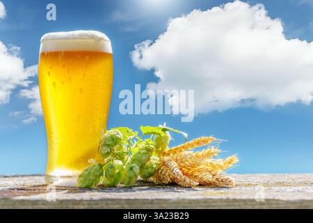 Un verre de bière fraîche est assis sur une table extérieure avec un paysage ensoleillé en arrière-plan, capturant une ambiance estivale Banque D'Images