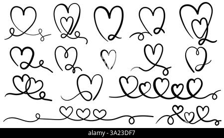 Ensemble d'art de ligne de coeur, symboles d'amour dessinés à la main, ensemble d'art clip vectoriel isolé. Illustration de Vecteur