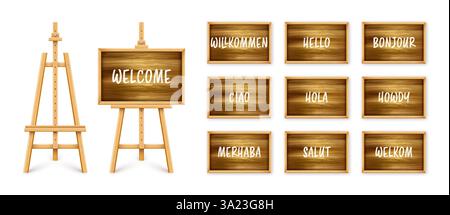 Tableau noir en bois sur chevalet. Tableau noir dans un cadre en bois sur un trépied. Tableau de présentation avec surface de texte, d'écriture ou de dessin. Je vous en prie Illustration de Vecteur