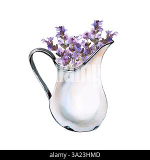 Aquarelle peinte à la main fleurs de lavande vintage dans une illustration d'arrosoir. Belle bannière de concept de printemps. Design prêt à l'emploi sur le thème de la nature. Vin Banque D'Images