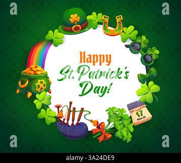 Bannière ronde de vacances de la St Patrick. Carte de voeux irlandaise festive de vecteur de bande dessinée avec chapeau de leprechaun, trèfles, lunettes de soleil en forme de trèfle, calendrier, po Illustration de Vecteur