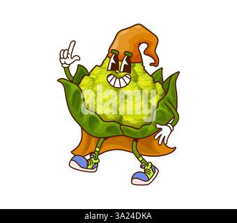 Dessin animé groovy chou romanesco Halloween magicien personnage végétal. Vector Whimsical Veg avec sourire joyeux, feuilles vertes fraîches, cape de sorcier et Illustration de Vecteur