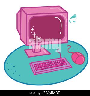 Moniteur rétro rose, souris et clavier d'ordinateur. Icône d'ordinateur. Illustration vectorielle isolée sur fond blanc. Illustration de Vecteur
