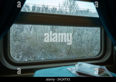 vue de la fenêtre du train à la forêt d'hiver, beau fond Banque D'Images