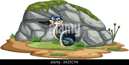Illustration vectorielle d'un serpent de bande dessinée émergeant des rochers, avec des couleurs vibrantes et un style ludique Illustration de Vecteur