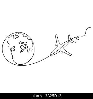 Dessin continu d'une ligne d'avion volant autour de l'icône de la terre de la planète, icône du tourisme mondial, illustration vectorielle de contour Illustration de Vecteur