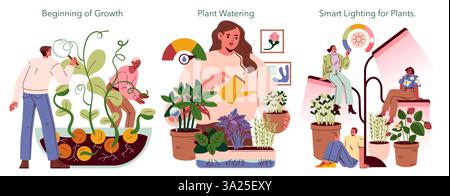 Concept de mini fermes. Illustration des activités liées à la mini-agriculture, y compris la croissance des plantes, les techniques d'arrosage et l'éclairage intelligent pour une croissance optimale. Visuels attrayants des pratiques de jardinage urbain. Illustration vectorielle. Illustration de Vecteur