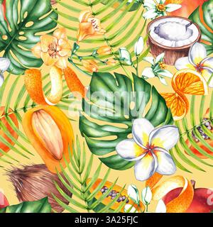 Motif aquarelle de fleurs de noix de coco. Motif floral sans couture avec des fruits pour l'emballage, textile, berddesign etc. Papaye, monstera, mangue, orange, libère Banque D'Images