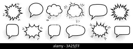 Ensemble de bulles de bande dessinée rétro vides avec des ombres de demi-teintes noires. Design pop art vintage, parfait pour les bandes dessinées, les affiches et les projets créatifs. Illustration de Vecteur