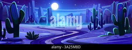 Désert de l'Ouest sauvage la nuit avec paysage au clair de lune et cactus. Un ciel bleu profond rempli d'étoiles illumine le terrain rocheux. Chemin de canyon de dessin animé serpentant à travers des formations ombragées pour un jeu à thème occidental. Illustration de Vecteur