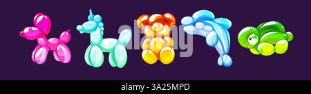 Ensemble de formes d'animaux en ballon. Ballons gonflables tordus formant chien rose, licorne turquoise, ours en peluche jaune, dauphin bleu et tortue verte. Illustration vectorielle de dessin animé pour la décoration de fête d'enfants. Illustration de Vecteur