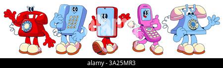 Mascottes de personnage de téléphone mobile et fixe de dessin animé rétro avec des mains, des jambes en baskets. Téléphones souriants de style ancien dans diverses poses. Gadgets de communication vintage avec claviers de numérotation, antennes. Illustration de Vecteur
