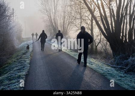 Sur le chemin de Radley Boathouse par la Tamise. Un de mes sentiers préférés, n'importe où. Il mène de mon village natal de Radley dans l'Oxfordshire, en Angleterre, à une partie pittoresque de la Tamise près de Radley Boathouse. Il parvient à paraître joli tout au long de l'année - et en particulier ici un matin d'hiver brumeux, juste après le lever du soleil. Un promeneur de chien et des joggers disparaissent dans les brumes... Banque D'Images