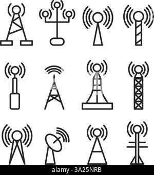 Icônes des tours de télécommunications. Antenne radio icône de ligne de mât cellulaire logo de la société de télécommunication, émetteur de base de réseau signal de téléphone aérien 4g 5g satellite neat illustration vectorielle originale Illustration de Vecteur