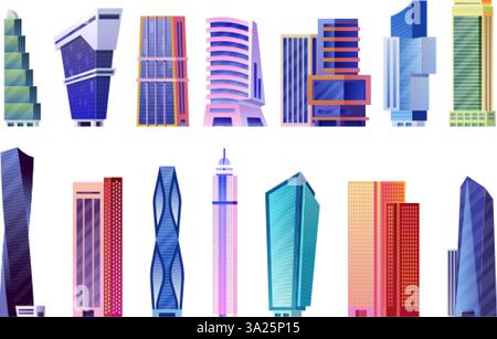 Gratte-ciel de dessins animés. Ensemble de gratte-ciel de ville, grand appartement urbain de tour ou bureau d'affaires d'entreprise maison de ville moderne d'architecture de haut bâtiment, illustration vectorielle chic illustration d'art original Illustration de Vecteur