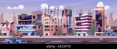 Ville ruinée. Zone de guerre détruisez, abandonnez les bâtiments endommagés maisons brisées après le tremblement de terre effondrée catastrophe post apocalypse fond de jeu de dessin animé, illustration vectorielle chic illustration originale Illustration de Vecteur