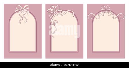 Coquette modèles de cartes de voeux ensemble avec des noeuds ondulés. Illustration vectorielle mignonne des cadres Arch sur fond rose rétro. Clip art des fêtes dans une esthétique rétro coquette. Illustration de Vecteur