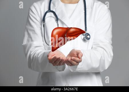 Docteur tenant illustration de foie sur fond gris, gros plan Banque D'Images