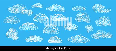 Ensemble de nuages de crayons abstraits. Dessin animé dessiné à la main ciel nuageux. Illustration vectorielle de la collection de tourbillons blancs sur fond bleu. Imitation d'un enfant Illustration de Vecteur