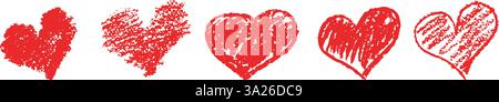 Ensemble de signes de coeurs rouges dessinés au crayon de cire. Symboles d'amour dans le style doodle. Collection d'éléments de coeurs d'enfant dessinés à la main ombrés avec des lignes diagonales Illustration de Vecteur