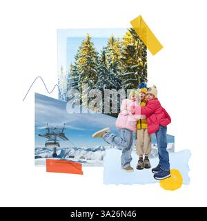 Création artistique. Trois enfants dans des vestes d'hiver colorées embrassant joyeusement, forêt enneigée et remontée mécanique en arrière-plan. Banque D'Images
