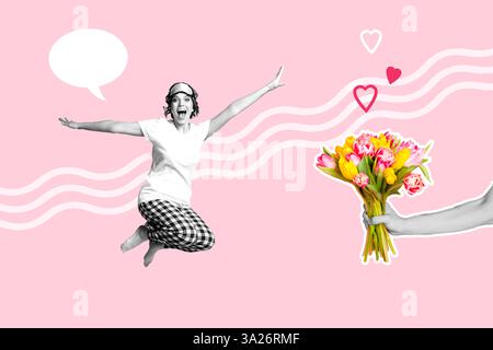 Œuvre d'art composite 3D collage de photo tendance de la gratitude saison internationale maternité excitée Lady vêtements de lit sauter main tenir présente tulipe Banque D'Images