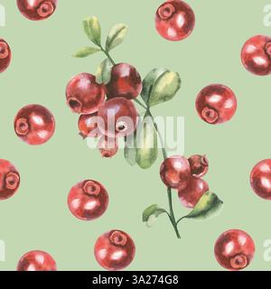 Baies de forêt rouge et motif aquarelle de branche sans couture sur vert. Fond de canneberges, clipart de fruits forestiers dessinés à la main, ingrédient organique pour wa Banque D'Images