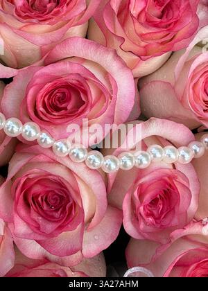Arrangement élégant de roses roses ornées d'un délicat brin de perles dans un affichage floral Banque D'Images