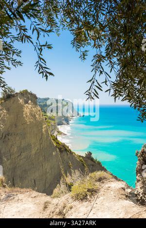 Vue panoramique à travers les branches d'oliviers des falaises de grès blanc du cap Drastis sur l'île de Corfou, Grèce Banque D'Images