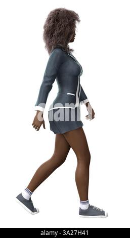 Rendu 3D d'une étudiante à la peau foncée dans un uniforme d'université, parfait pour les conceptions éducatives. Idéal pour les projets scolaires, illustrations académiques, Banque D'Images