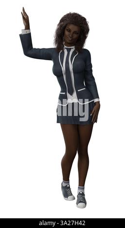 Rendu 3D d'une étudiante à la peau foncée dans un uniforme d'université, parfait pour les conceptions éducatives. Idéal pour les projets scolaires, illustrations académiques, Banque D'Images