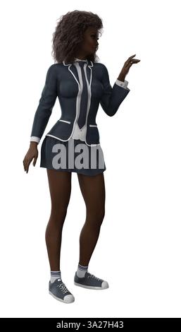 Rendu 3D d'une étudiante à la peau foncée dans un uniforme d'université, parfait pour les conceptions éducatives. Idéal pour les projets scolaires, illustrations académiques, Banque D'Images