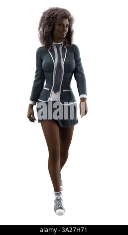 Rendu 3D d'une étudiante à la peau foncée dans un uniforme d'université, parfait pour les conceptions éducatives. Idéal pour les projets scolaires, illustrations académiques, Banque D'Images